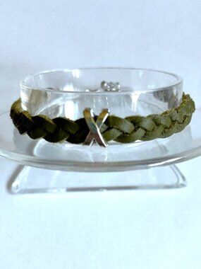 Handmade Braided Olive‑Green Leather Bracelet w/ Silver Toggle Clasp